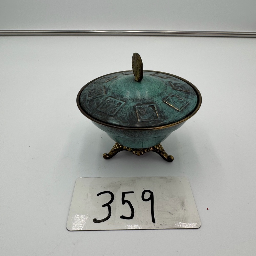 Antique Pompeian Bronze Footed Bowl With Lid Green Patina Classical Art Metal